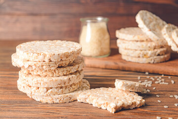 Stack of rice crackers on wooden background