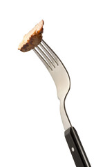 Fork with piece of fried meat on white background
