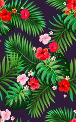 Tuinposter Tropical vector seamless background. Jungle pattern with exitic flowers, and palm leaves. Stock vector. Jungle vector vintage wallpaper © Logunova  Elena
