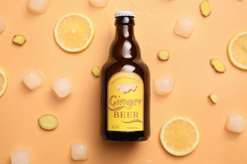 Bottle of fresh ginger beer on color background