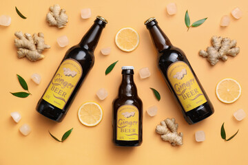 Bottles of fresh ginger beer on color background