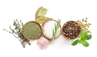 Fototapeta na wymiar Different spices and herbs on white background