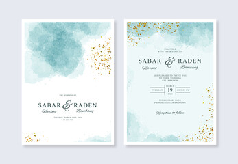 Minimalist wedding invitation template with watercolor splash and glitter