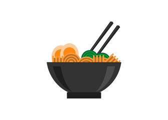 Noodle in a bowl with vegetables and eggs. Simple flat illustration.