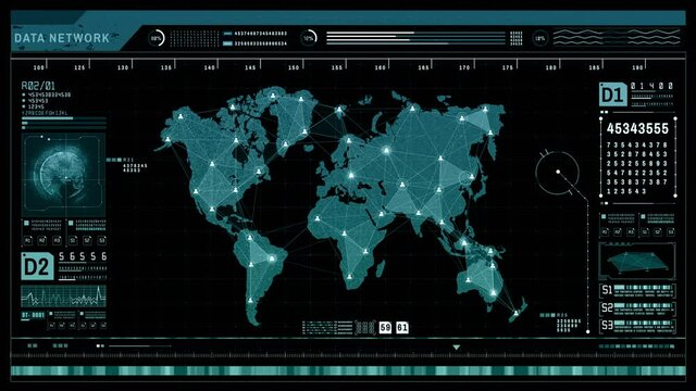 HUD Futuristic holographic scan, Network connection structure, World map with user icon people, Global communication concept, Technology digital abstract background, 4k Resolution.