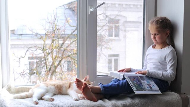 A little girl looks at the photos in the album, sitting on the windowsill. Girl and a cat sitting on the windowsill