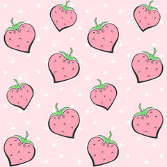 Decorative strawberries with leaf on a pink background with small hearts. Abstract berry. Vector seamless pattern for wrapping paper, kids wallpaper, packaging, wrapper, printing on textile or clothes
