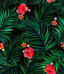 Fototapeta premium Vector tropical seamless pattern with hibiscus flowers and palm leaves.