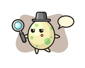 Spotted egg cartoon character searching with a magnifying glass