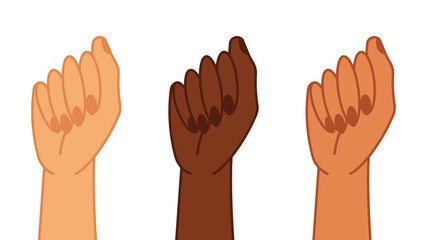 Three female hands are raised up. The concept of feminism, equality, freedom and women's rights. Vector modern illustration on a white background.