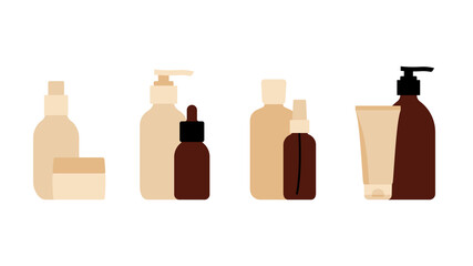 Skin care set. Cosmetics products: cream, lotion, tonic, serum, gel. The concept of skin care, dermatology, health, facial beauty. Vector modern illustration.