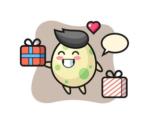 Spotted egg mascot cartoon giving the gift