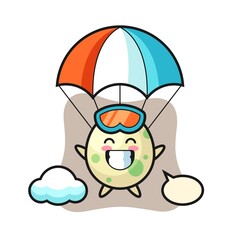 Spotted egg mascot cartoon is skydiving with happy gesture