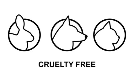 Cruelty free icons with animals head - bunny, dog, cat. Not tested on animals. Black icon set.