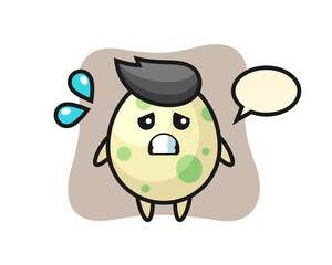 Spotted egg mascot character with afraid gesture