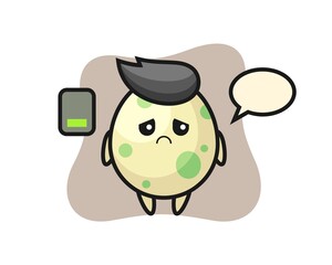 Spotted egg mascot character doing a tired gesture