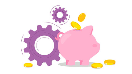 Piggy bank. Falling golden dollars and abstract gears. The concept of investment, savings, and banking. Moneybox with money. Vector illustration on white background.