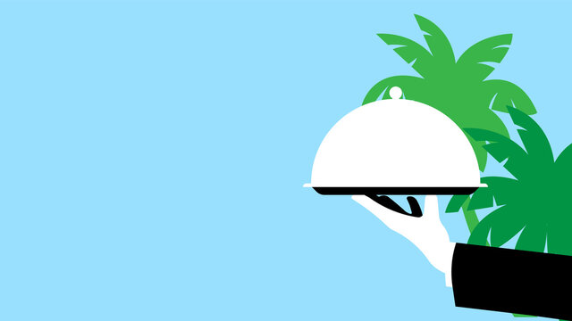 Waiter with tray - close-up waiter hand with tray and metal cloche lid cover. Palm leaf on blue background. Concept of leisure, resort, hotel, service, catering. Vector modern illustration. 
