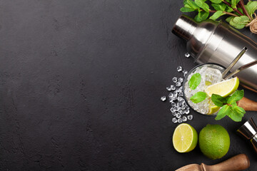 Mojito cocktail making. Ingredients and drink utensils