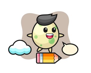 Spotted egg mascot illustration riding on a giant pencil