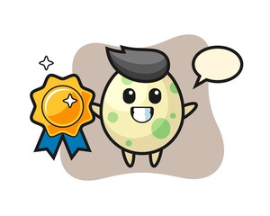 Spotted egg mascot illustration holding a golden badge
