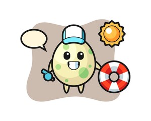 Cartoon mascot of spotted egg as a beach guard