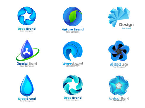 Set of blue water drop logo emblems and labels in vector.