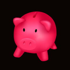 Pink piggy bank isolated on black background. Vector illustration.