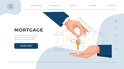Mortgage homepage template. Male hands giving keys for property buying. Deal sale, mortgage loan, real estate, dealing house, property purchase concept vector illustration. Modern flat cartoon design