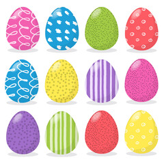 Happy Easter. Set of easter eggs with different texture on a white background. Colourful Happy Easter eggs set isolated. Editable EPS 10. Flat style.