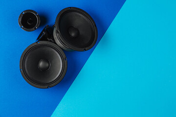 Car audio system. A set of speakers on a blue background. Copy space