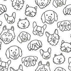 Fototapeta premium Seamless pattern with heads of different breeds dogs. Corgi, Pug, Chihuahua, Terrier, Husky, Pomeranian. Texture with dog faces. Hand drawn vector illustration in doodle style on white background