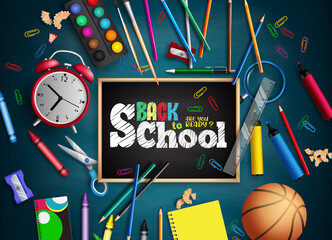 Back to school vector banner background. Back to school text with education activity objects like color pen, paint and basketball elements for student items design. Vector illustration
