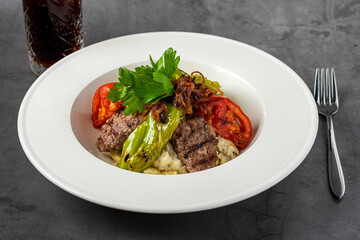 Turkish Food Hunkar Begendi made with Eggplant and Meat