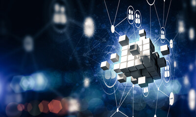 Concept of Internet and networking with digital cube figure on dark background
