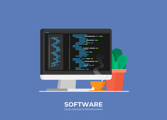 Software development and programming, program code on laptop screen, big data processing, computing isometric