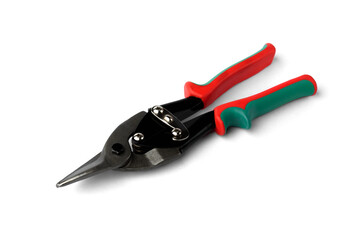 Construction scissors for cutting metal isolated on white background.