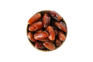 Bowl with dried dates isolated on white background
