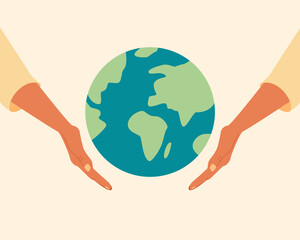 Black skin hands holding globe, earth. Earth day concept. Earth day vector illustration for poster, banner,print,web. Save the planet,environment.Modern cartoon flat style illustration