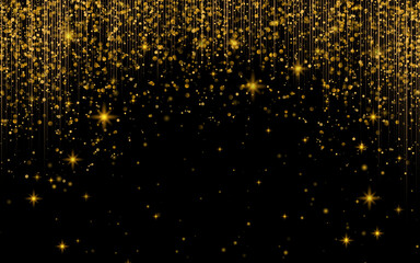 Gold glitter powder splash vector background. Golden scattered dust. Magic mist glowing. Stylish fashion black backdrop.
