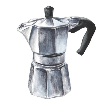 Aqua Bialetti coffee maker and mug. Watercolor hand drawn illustration  isolated on white background