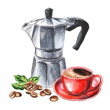 Aqua Bialetti coffee maker, coffee beans and mug with beverage. Watercolor hand drawn illustration  isolated on white background