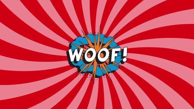 'WOOF! WOOF!' in retro comics speech bubble with halftone dotted shadow on an animated orange background