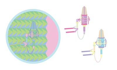 Studio desktop microphone with broadcast text over the air for podcasts, online communication and web conferencing. Vector illustration in a flat style.
