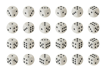 Set of game dices in isometric projection isolated on white background, all possible variants. Gambling concept. 3D rendering