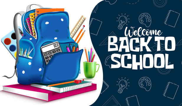 Back to school vector banner template. Welcome back to school text with bag, notebook and color pens education elements for educational class study design. Vector illustration
