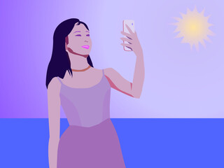 vector drawing depicting a girl taking a selfie with a smartphone
