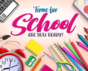 Back to school vector banner template. Welcome back to school text in torn paper background with notebook, alarm clock and pens element for education study design. Vector illustration
