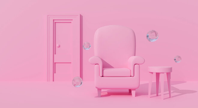 3D pink sofa couch interior on pastel background abstract. 3d rendering design.
