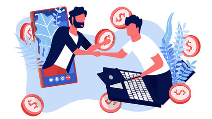 Two man complete business deal over the mobile phone working at home in minimal design covid19 corona virus outbreak social distancing